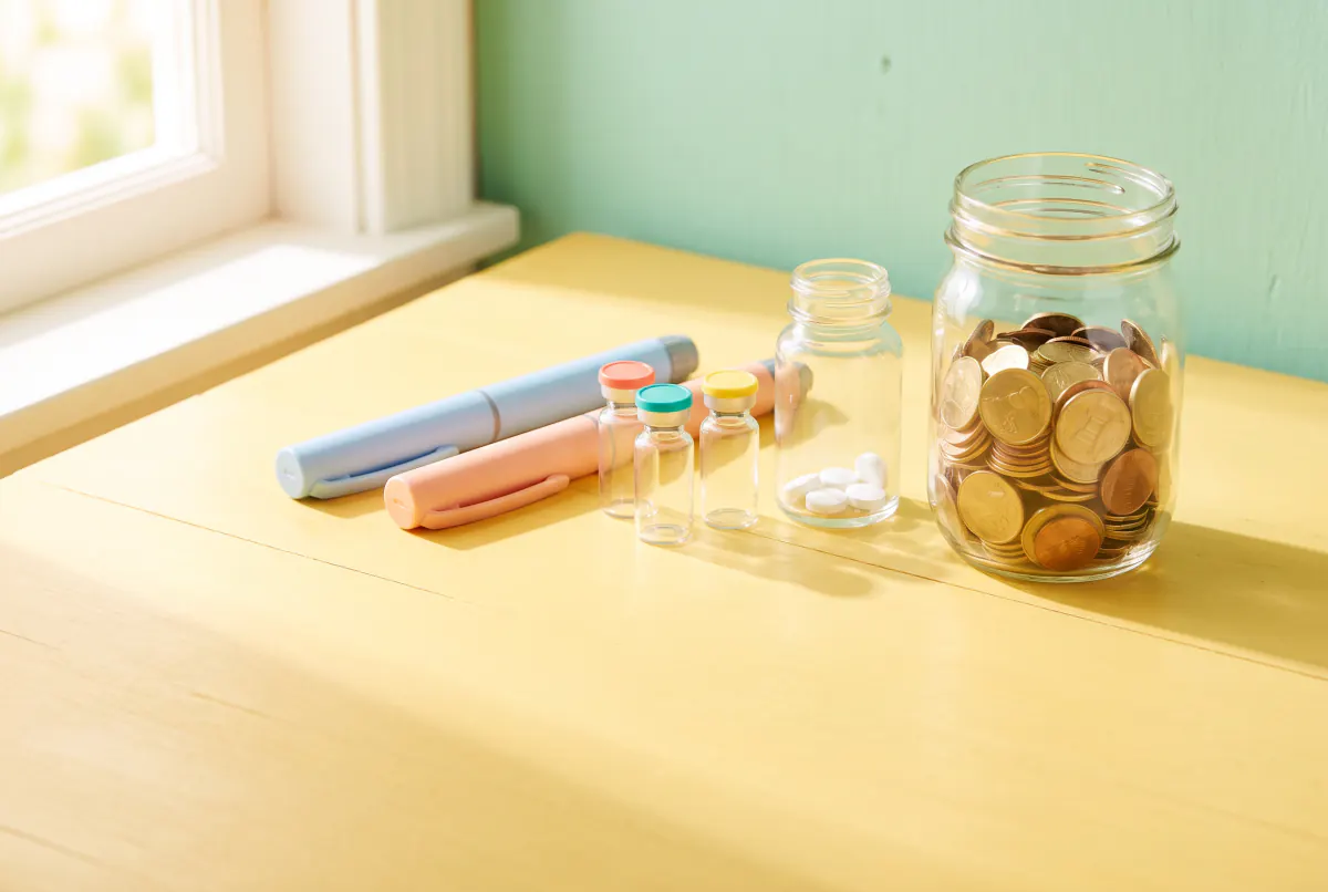 Plain injection pens, vials with coloured caps and a pill bottle beside a jar of coins on a sunny table
