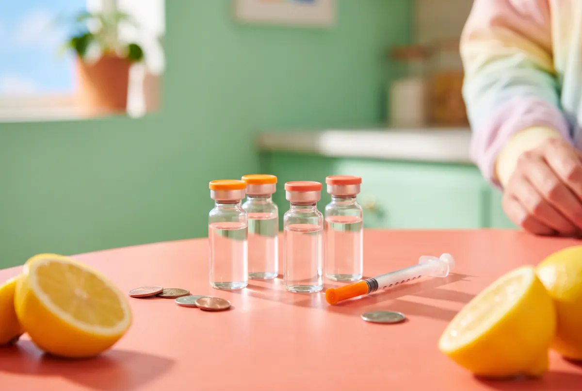 Small vials with orange and coral caps and a few coins on a sunny coral table
