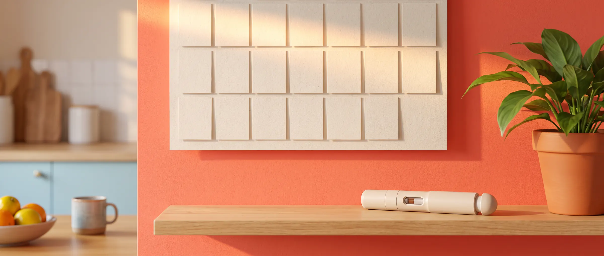 A blank wall calendar above a shelf with a plain injection pen in morning sun
