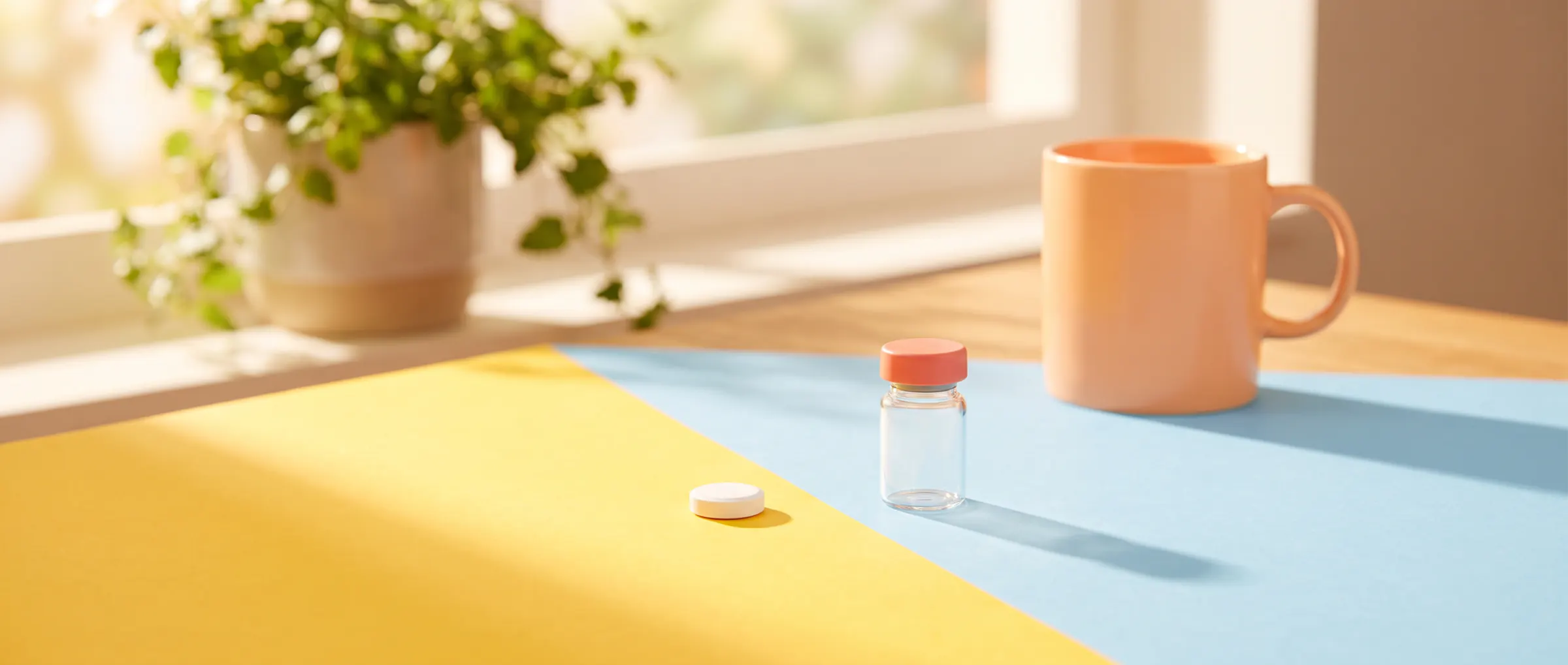 A small white tablet beside a plain glass vial on a sunny two-colour table
