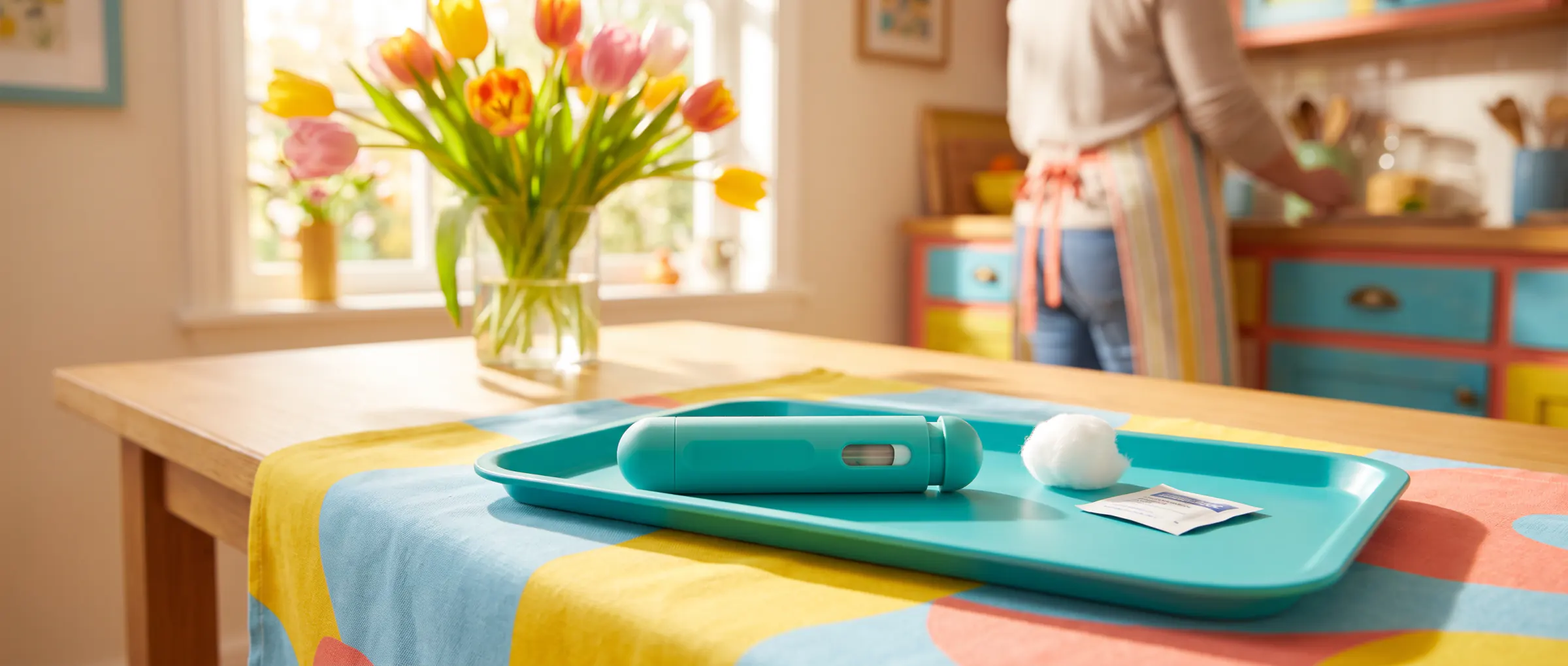 An injection pen, a cotton ball and a swab on a colourful tray