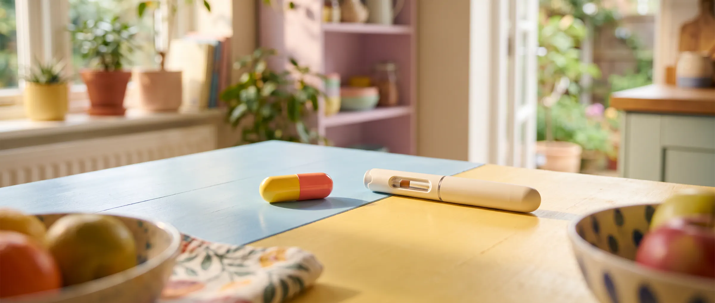 A two-tone capsule and an injection pen apart on a two-colour table