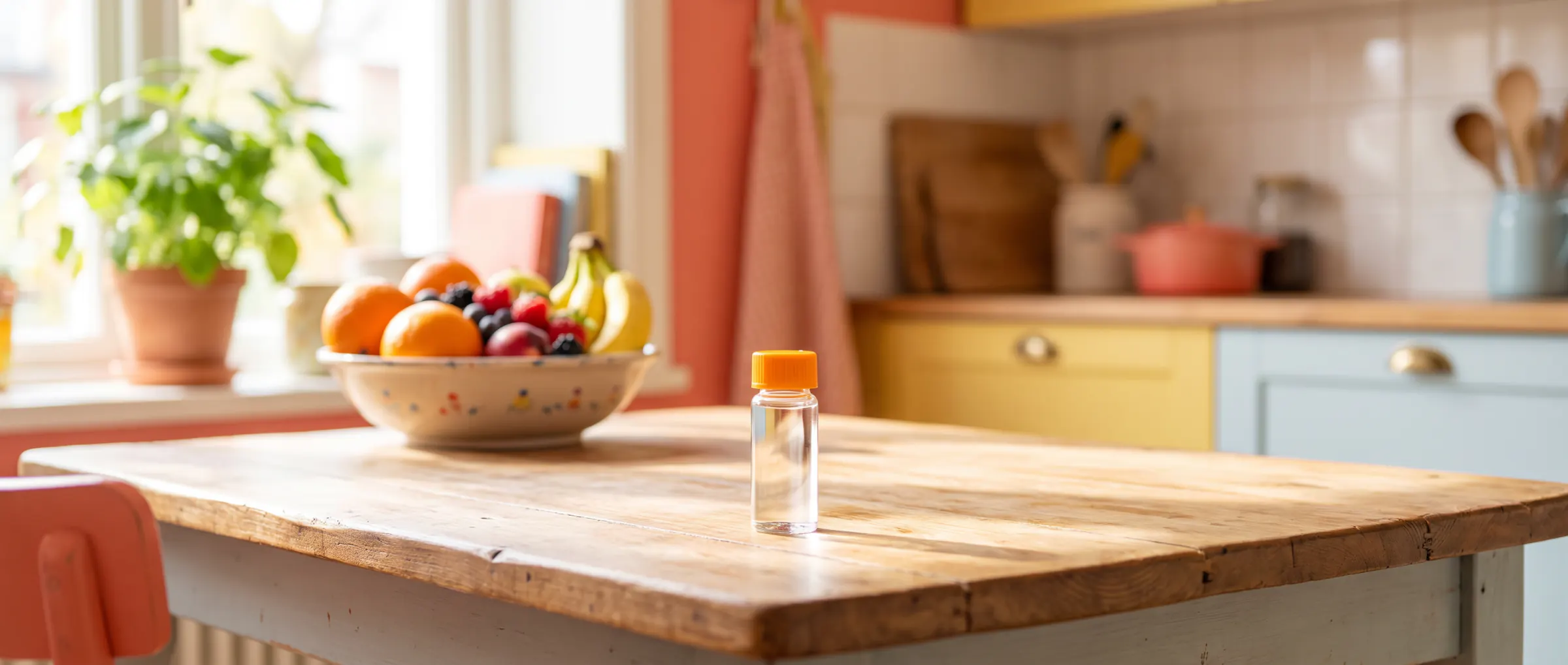 A small plain glass vial with a coloured cap on a sunny wooden table