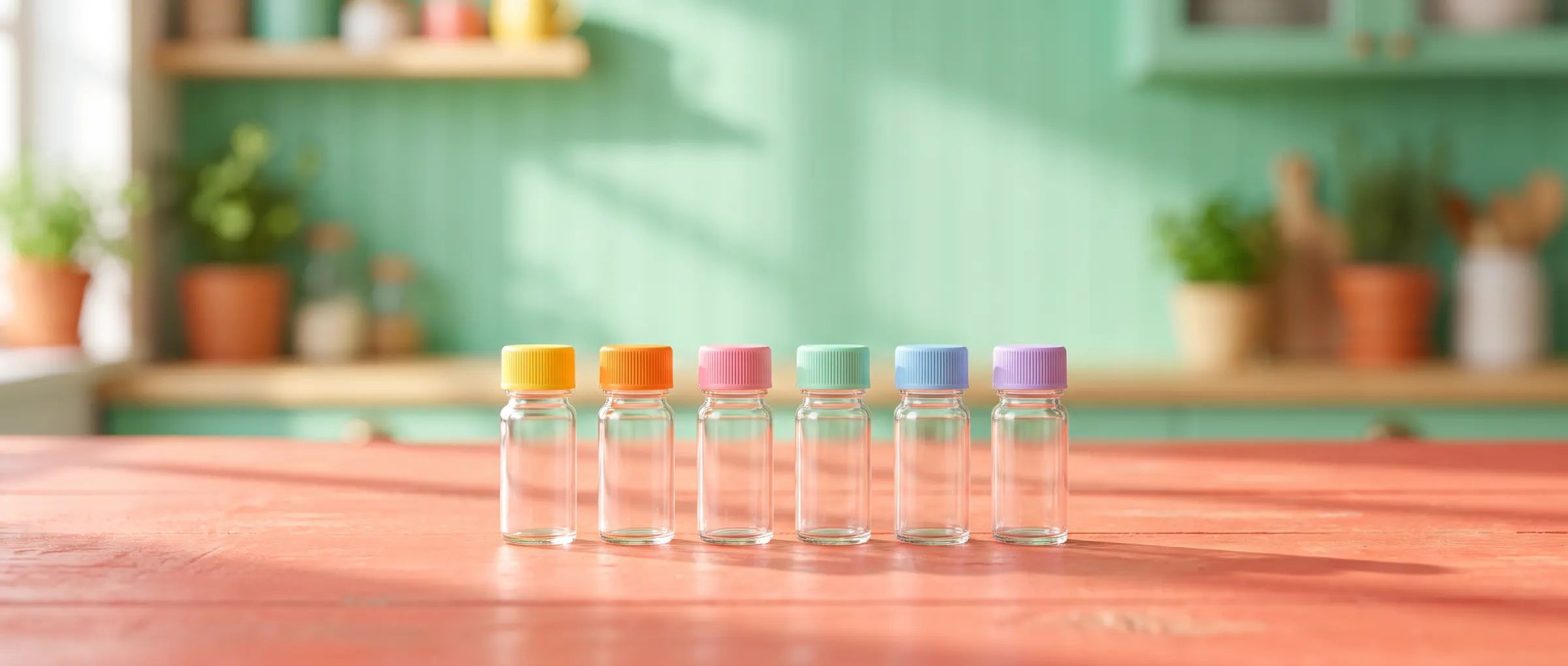 Six plain glass vials with coloured caps in a row on a sunny table