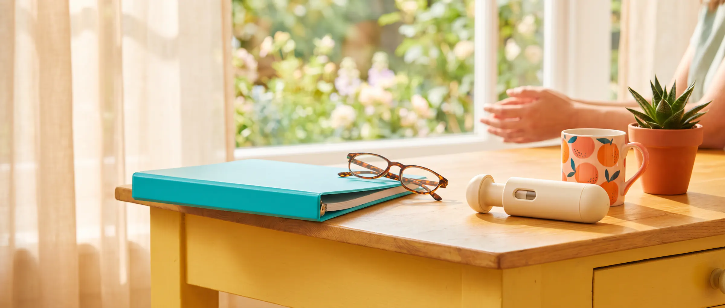 A teal ring binder, reading glasses and a plain injection pen on a sunny desk