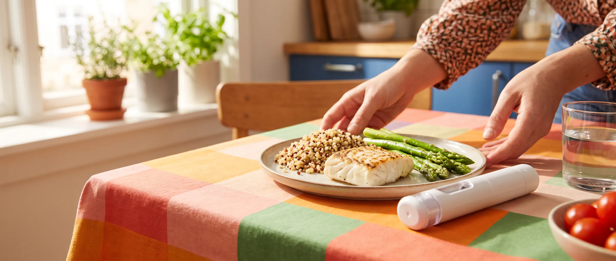 A small plate of fish, greens and grains beside a plain injection pen on a colourful table
