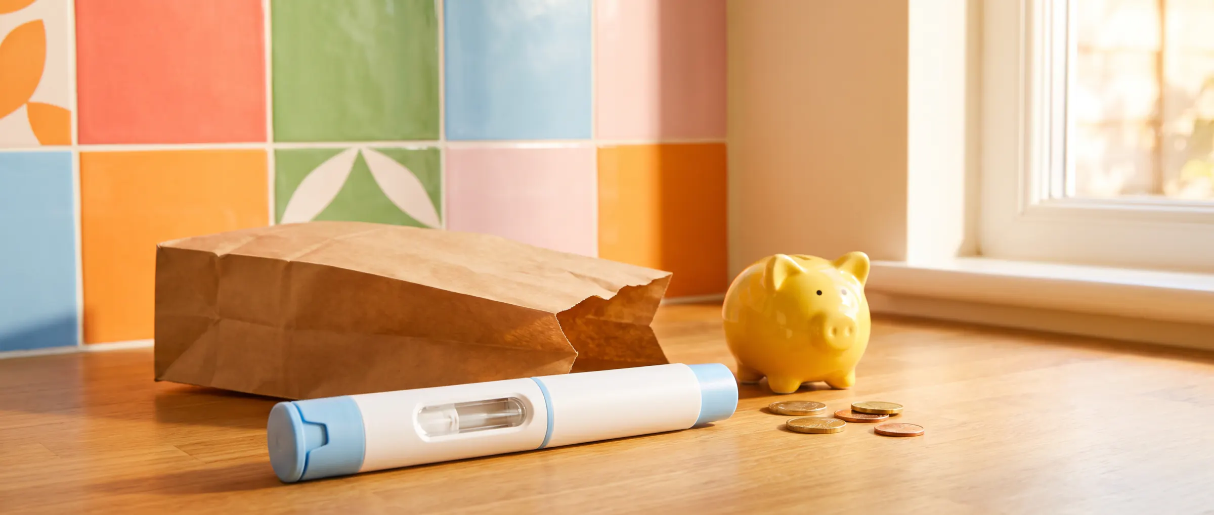 A plain injection pen, a paper pharmacy bag and a yellow piggy bank on a bright counter