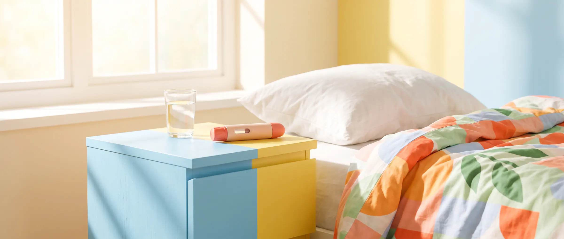 A bright bedroom with a rumpled pillow and a plain injection pen on the bedside table